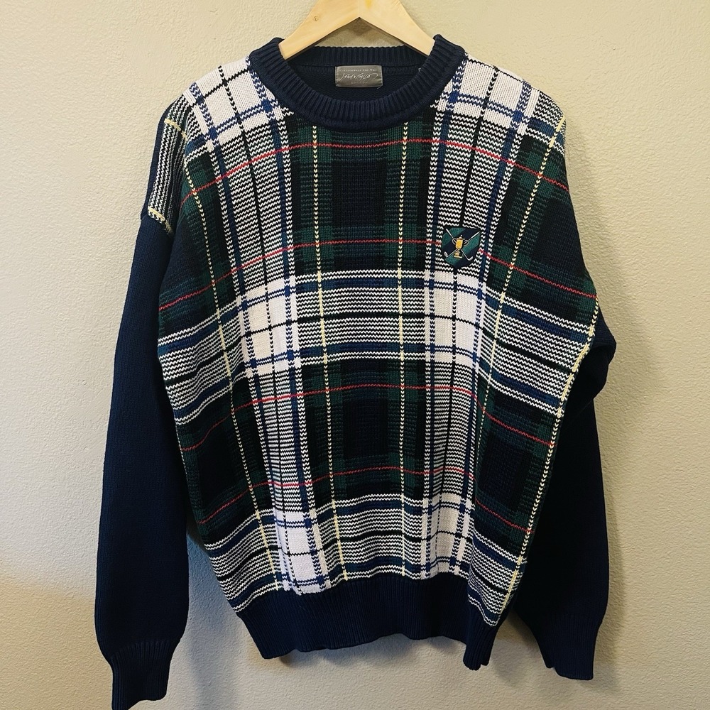 VTG Men's Lord & Taylor‎ Plaid Golf Sweater Cotton Dark Blue Multi Appliqué Sz L